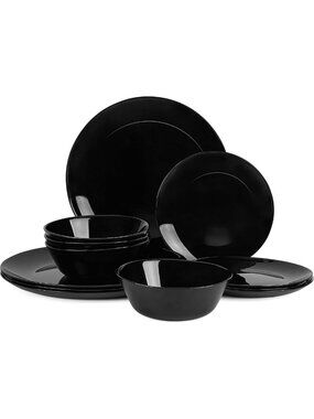 Elegant Black Opal Glass Dinnerware Set for 4 - 12 Piece Tableware Collection